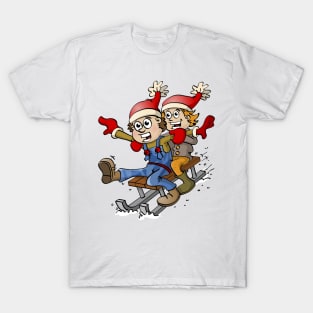 Winter illustration - A boy and a girl playing in the snow on a sledge T-Shirt